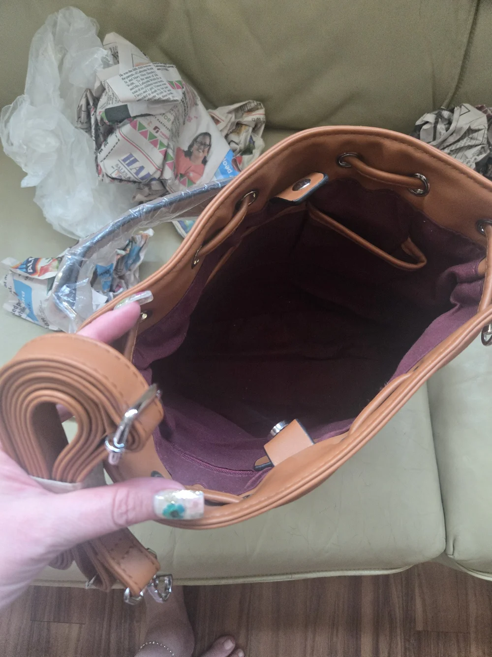 Studded Bucket Hobo Bag in Cognac - Fashion Logo Pattern
